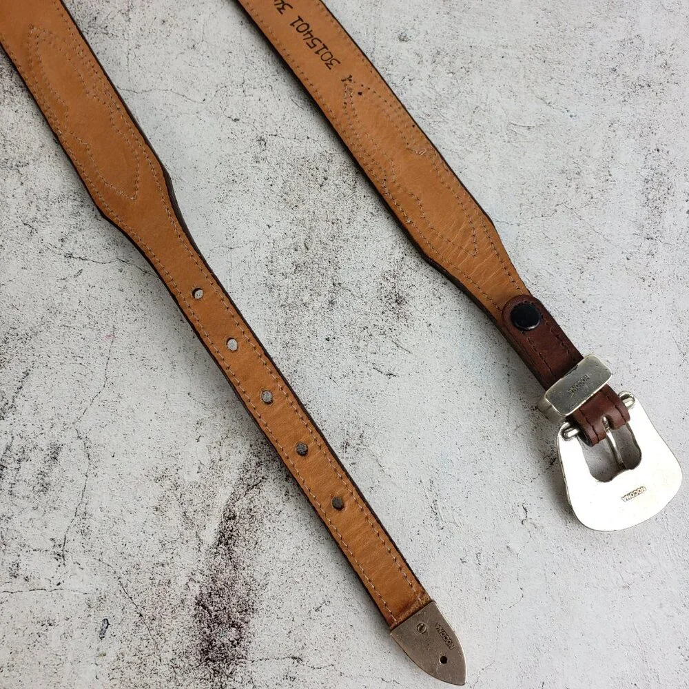 Vintage NOCONA Leather Belt Western Engraved Buckle Southwestern Boho Brown 34